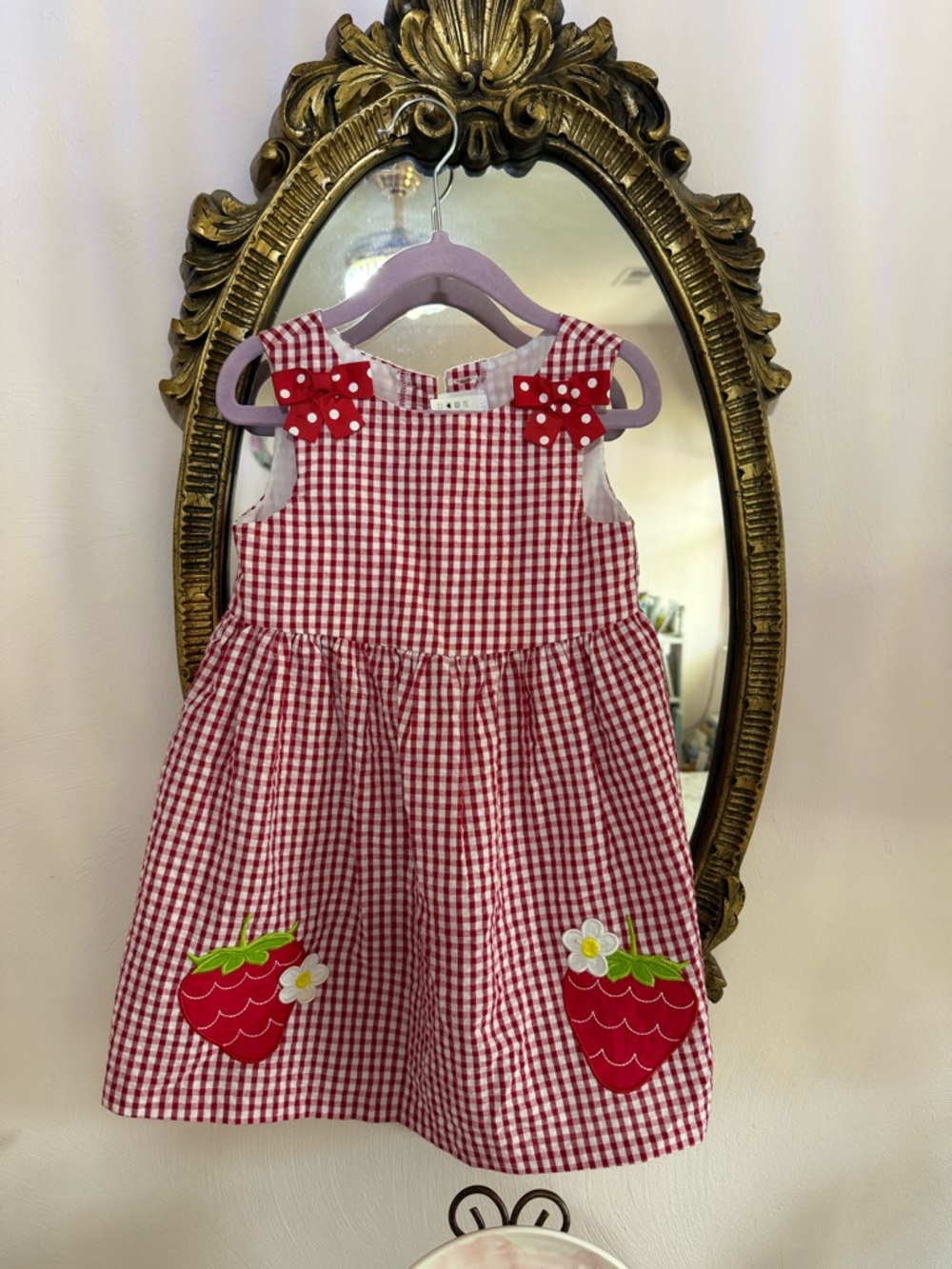 Red Gingham Strawberry Dress, 3T